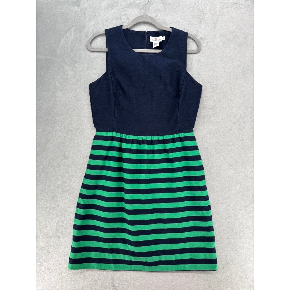 Vineyard Vines Navy Green Striped Sleeveless Fit Flare Dress Size 10 Preppy